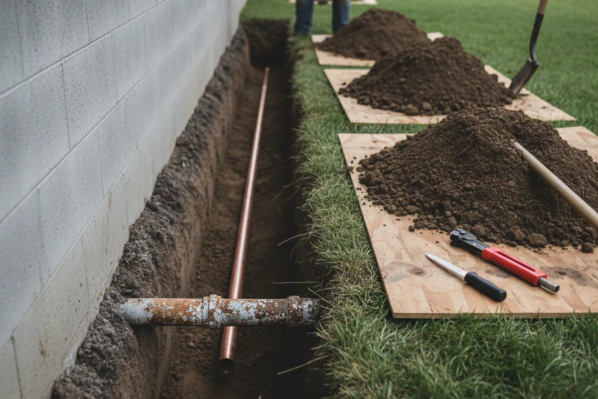 Excavated water line trench during Sewer Line Repair in Worcester